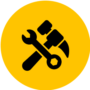 Crossed hammer and wrench icon on yellow.