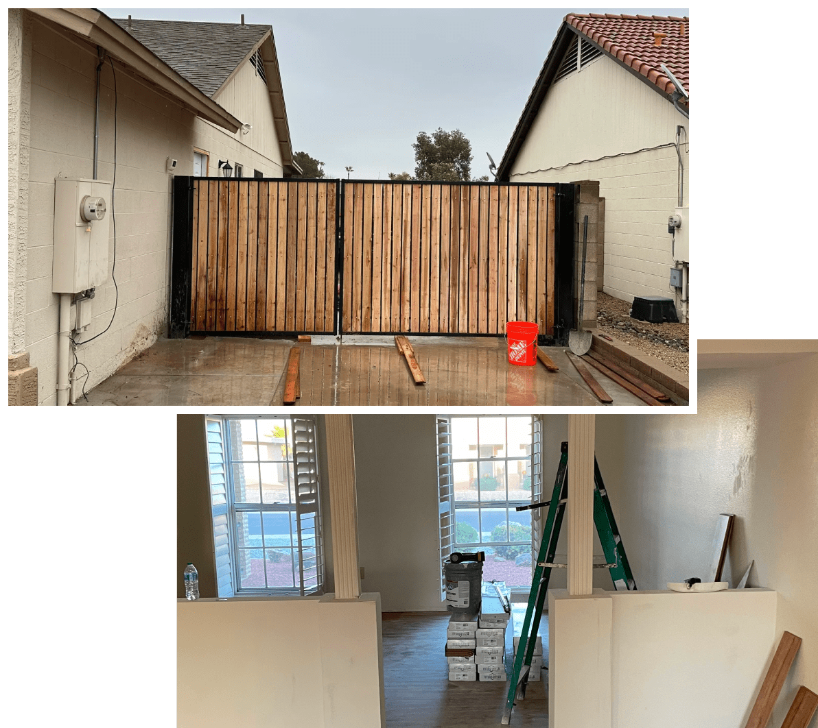 Wooden gate installation in progress between two houses, with tools and construction materials around.