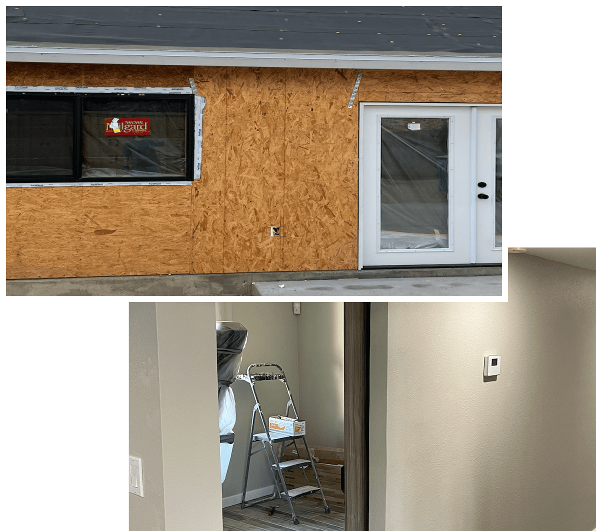 Home interior under renovation with drywall installation and new window frame.